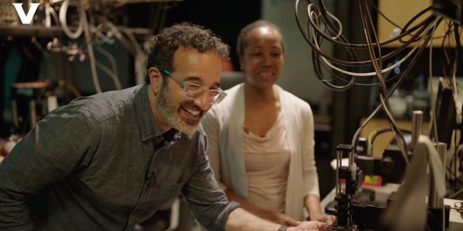Distinguished Research Professor of Communication of Science and Technology and of Cinema and Media Arts Jad Abumrad (left) and Associate Professor of Biomedical Engineering Audrey Bowden collaborated for an episode of the Quantum Potential video series. (Vanderbilt University)