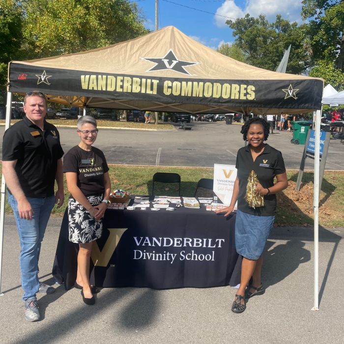 Dean Yolanda Pierce (right) and Vanderbilt Divinity School staff met with Commodore fans and community members at the pre-game tailgate on Sept. 30. (submitted photo)