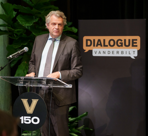 Chancellor Daniel Diermeier delivers remarks at the Dialogue Vanderbilt event at Rothschild College on Oct. 16, 2023. (Harrison McClary/Vanderbilt)
