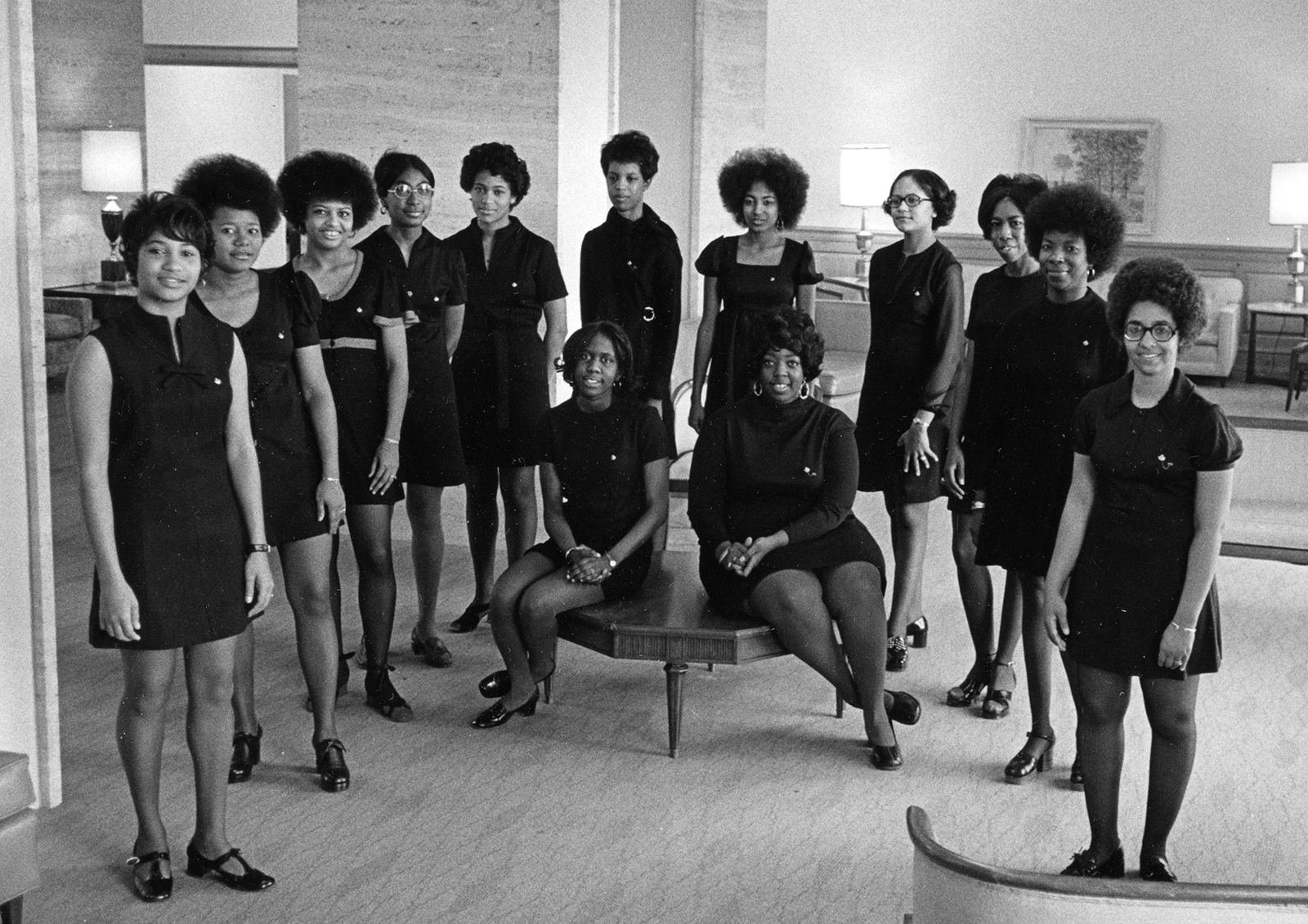 Black and white photo from the 1973 Vanderbilt Commodore yearbook with the 13 original members of the Eta Beta chapter of Alpha Kappa Alpha