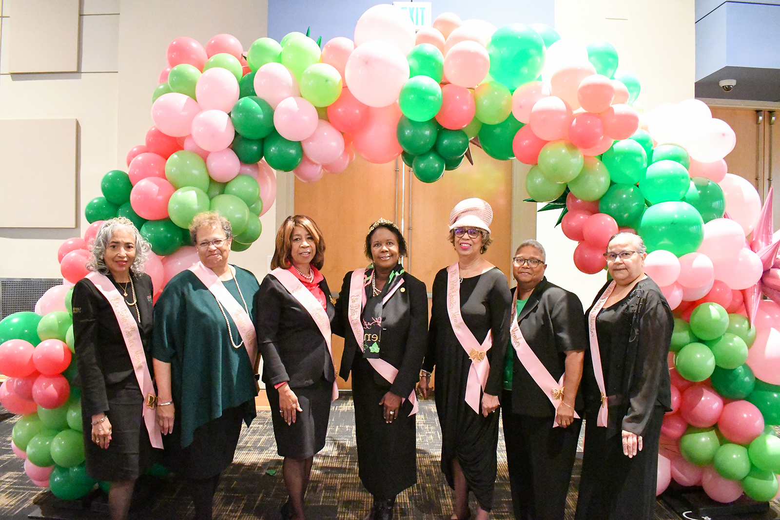 Eight of the original 13 members of Eta Beta chapter of AKA celebrated the 50 anniversary at Vanderbilt Nov. 9, 2022, surrounded by pink and green balloons.