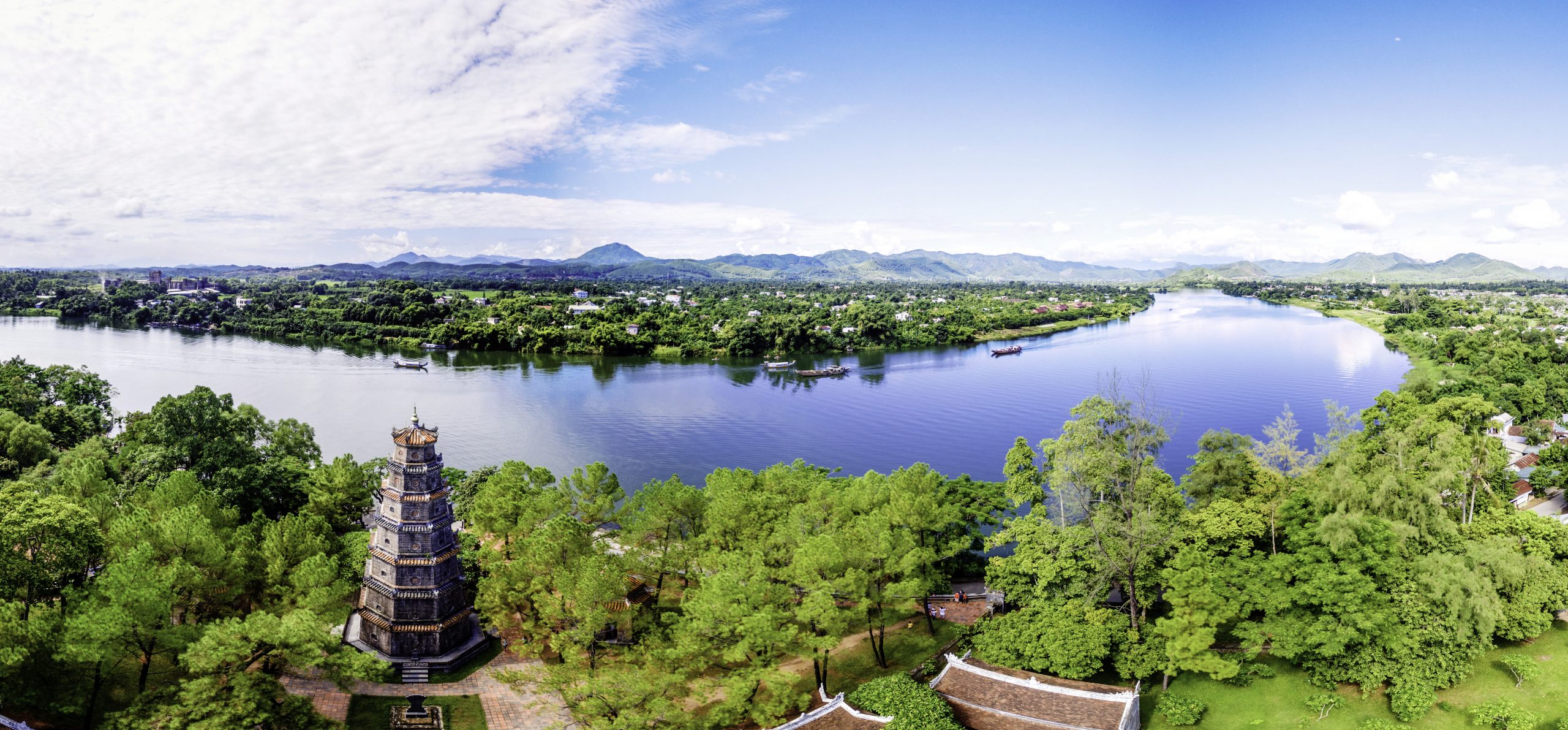 Landscape of Vietnam with waterway and pagoda