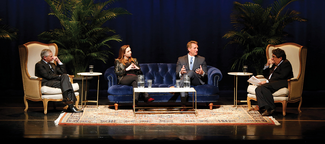 photo of Jeff Flake, Zoe Chace, Chancellor Zeppos and Jon Meacham talking on stage