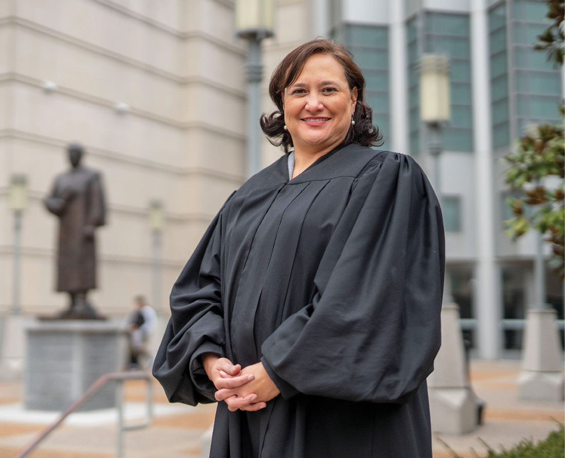 Judge Ana Escobar in her black judges robes outside the Justice A.A. Birch courthouse in Nashville
