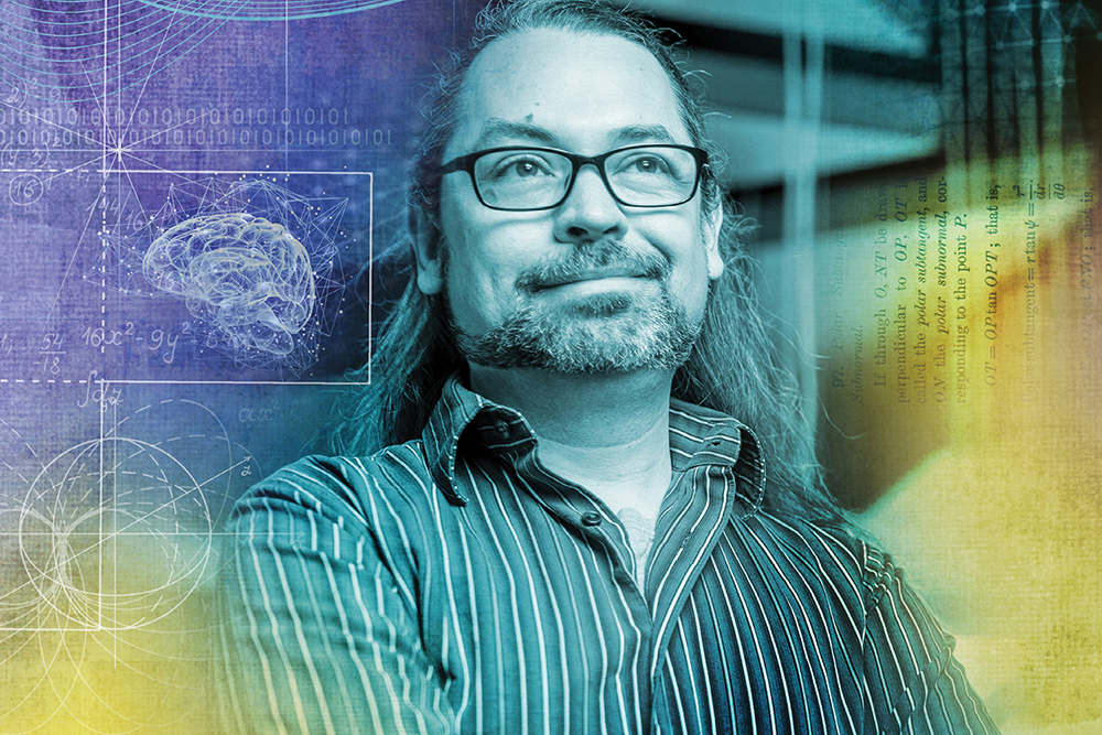 photo illustration of Dave Caudel with mathematical diagrams in the background