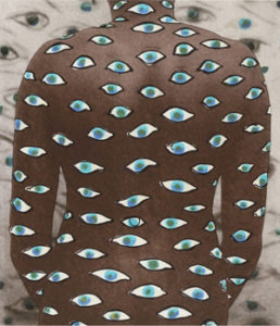 a photo of a woman's back with dozens of superimposed eyes on it