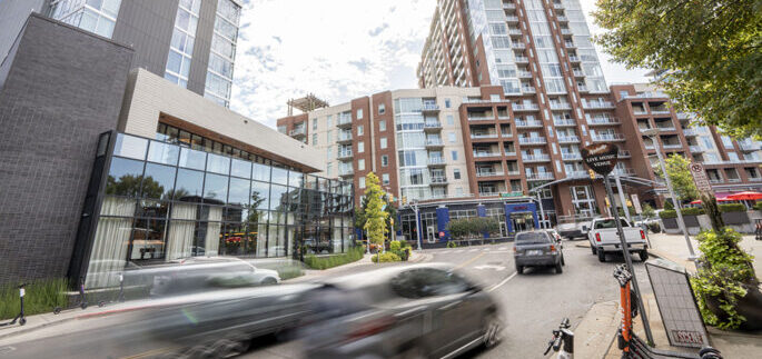 photo of the Gulch neighborhood with traffic and high-rise buildings