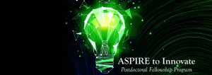 Green exploding in geometric shapes with faint green and blue lines radiating outward on a black background with the words ASPIRE to Innovate Postdoctoral Fellowship Program