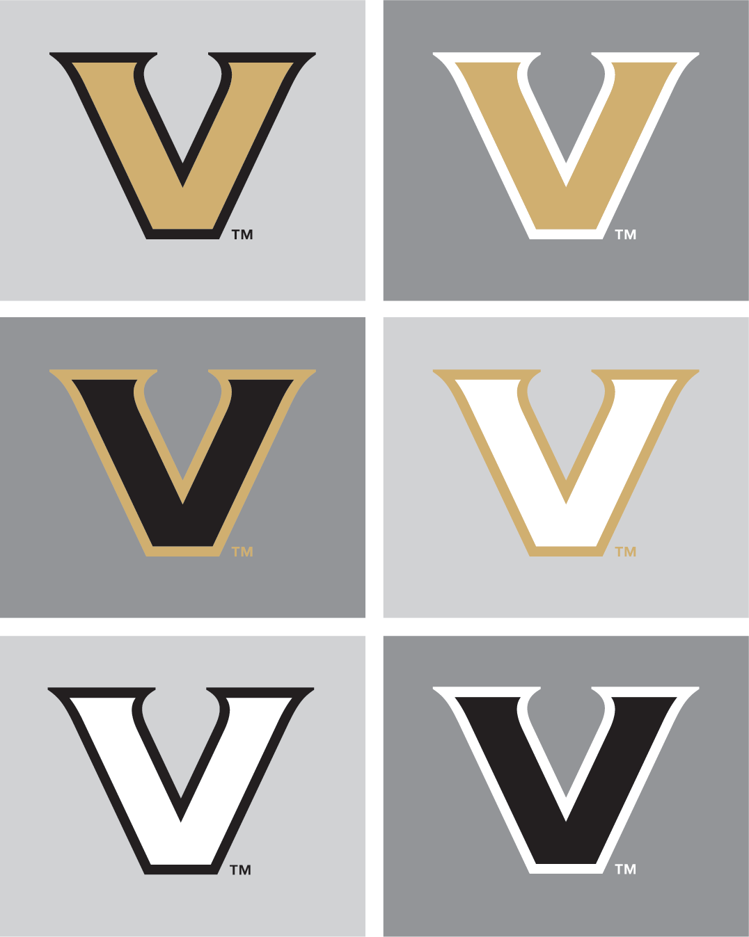 Vanderbilt Athletics primary V logo in gold with black outline, gold with white outline, black with gold outline, white with gold outline, white with black outline and black with white outline