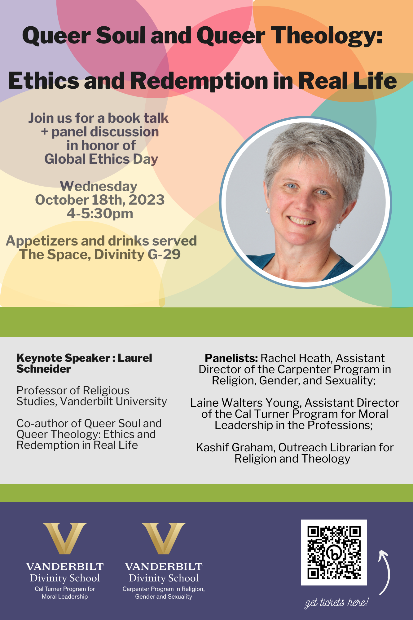 this is a poster for global ethics day on October 18th 2023. There is a picture of the keynote speaker: Laurel Schneider 