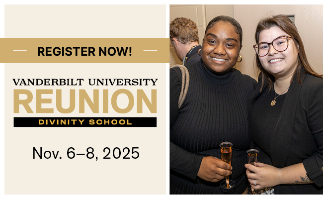 Register Now Vanderbilt University Divinity School Nov. 6 to 8 2025. Two people stand smiling while holding champagne glasses.