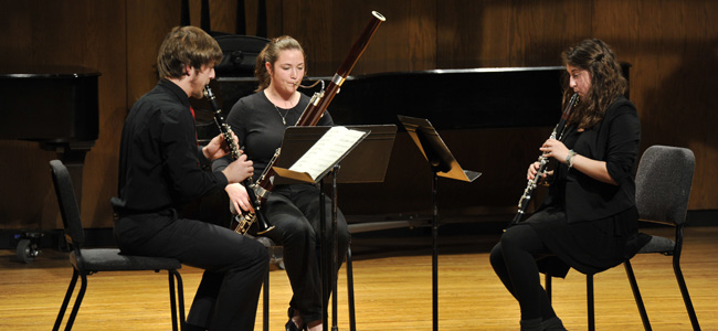 Student chamber music recital of Brian Cooper and Emily Mackail on clarinets and Caitlyn Falco on bassoon at Turner Hall.(John Russell/Vanderbilt University)