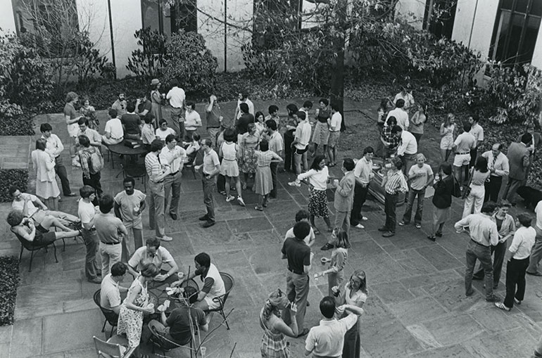 Blackacre, a longstanding VLS tradition as this photo from the late 1970s attests, provides a casual social setting for students, faculty and staff to unwind on Friday afternoons after a busy week.  (Courtesy of Vanderbilt University Special Collections)