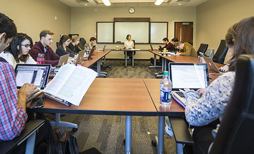 A classroom photo of Ingrid Wuerth teaching a Foreign Affairs Seminar to Vanderbilt Law School students.