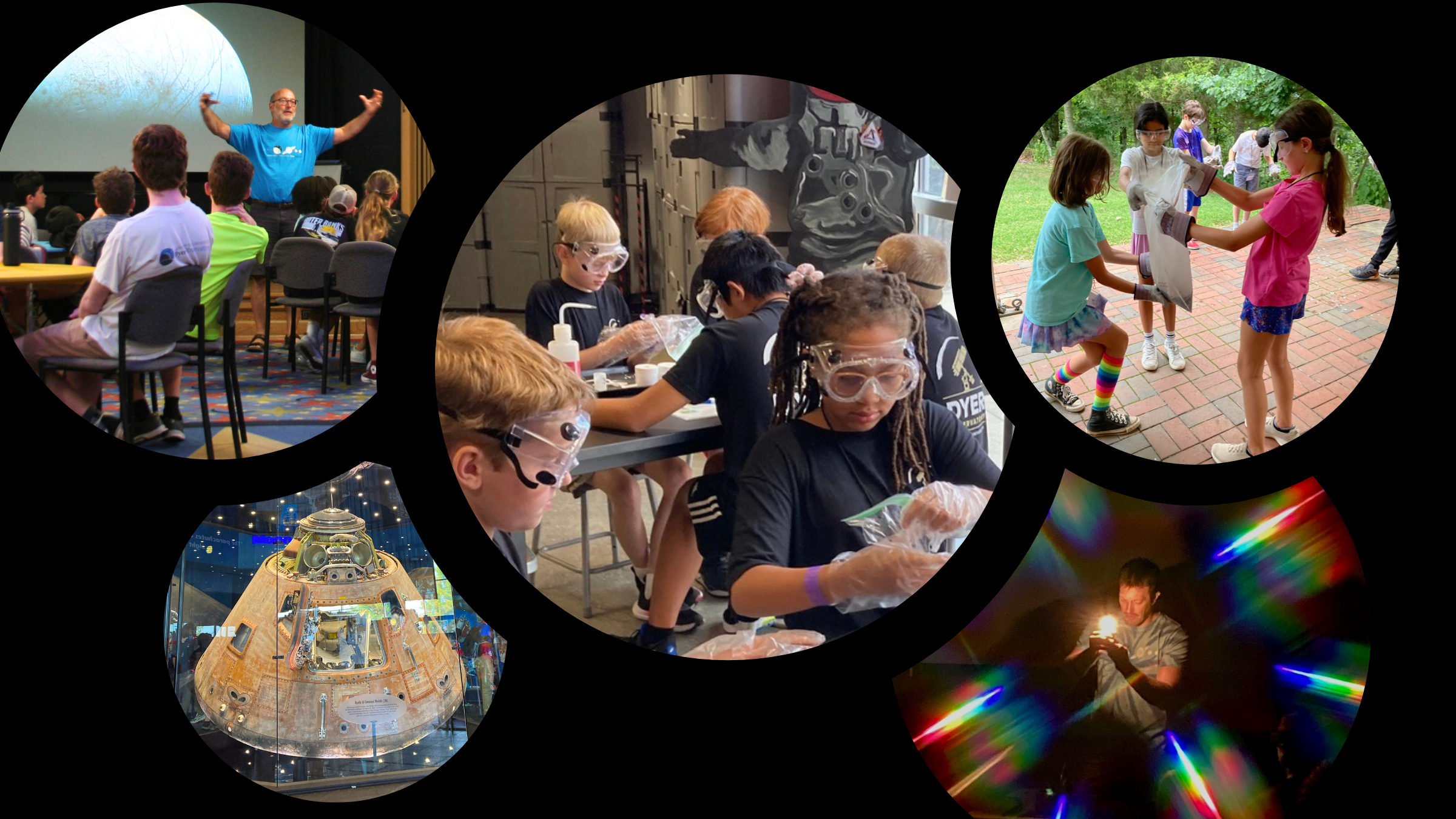 Collage of action shots of campers at Dyer Observatory Summer Space Camp