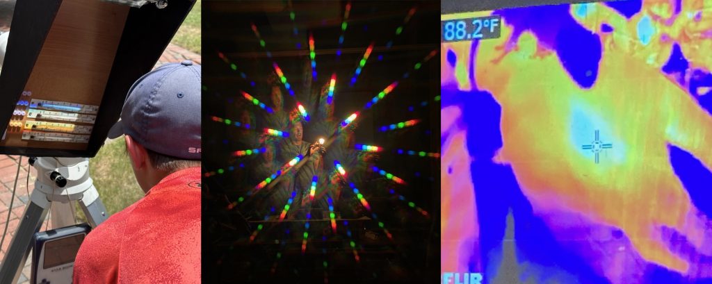 Left image: camper observes the sun's spectrum spread across several thermometers. Middle image: Campers observe the spectrum of a fluorescent bulb. Right image: a gecko resting on a hand is observed with a thermal (infrared) camera.