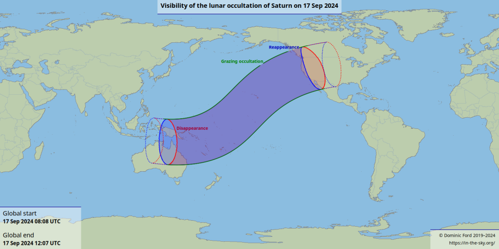 A world map showing locations able to observe the Saturn occultation of September 17, 2024.