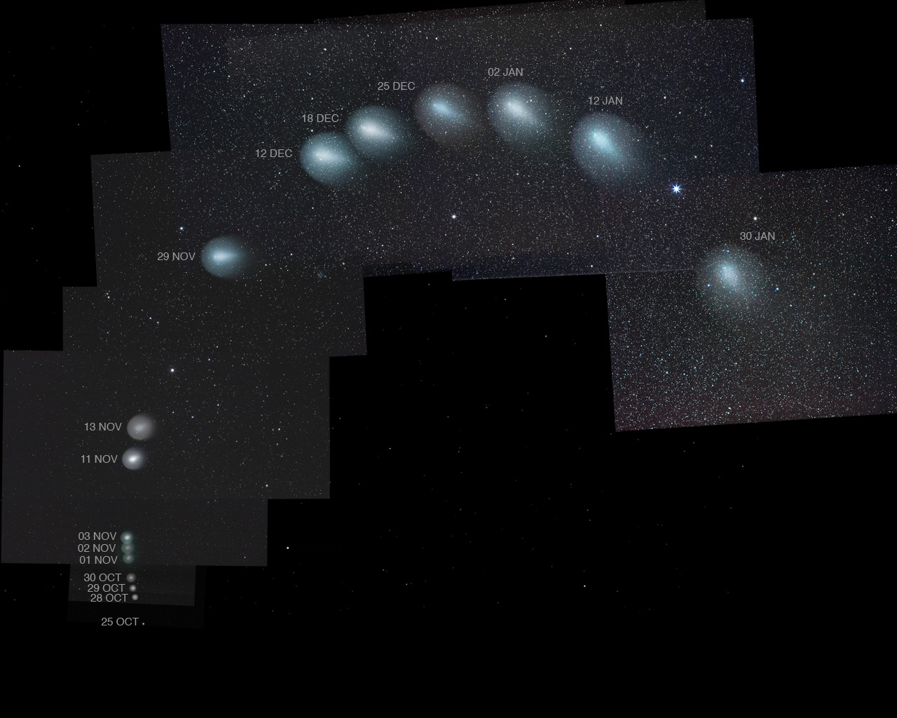 Composite of 16 images showing Comet Holmes erupting and brightening from October 25, 2007, to January 30, 2008.