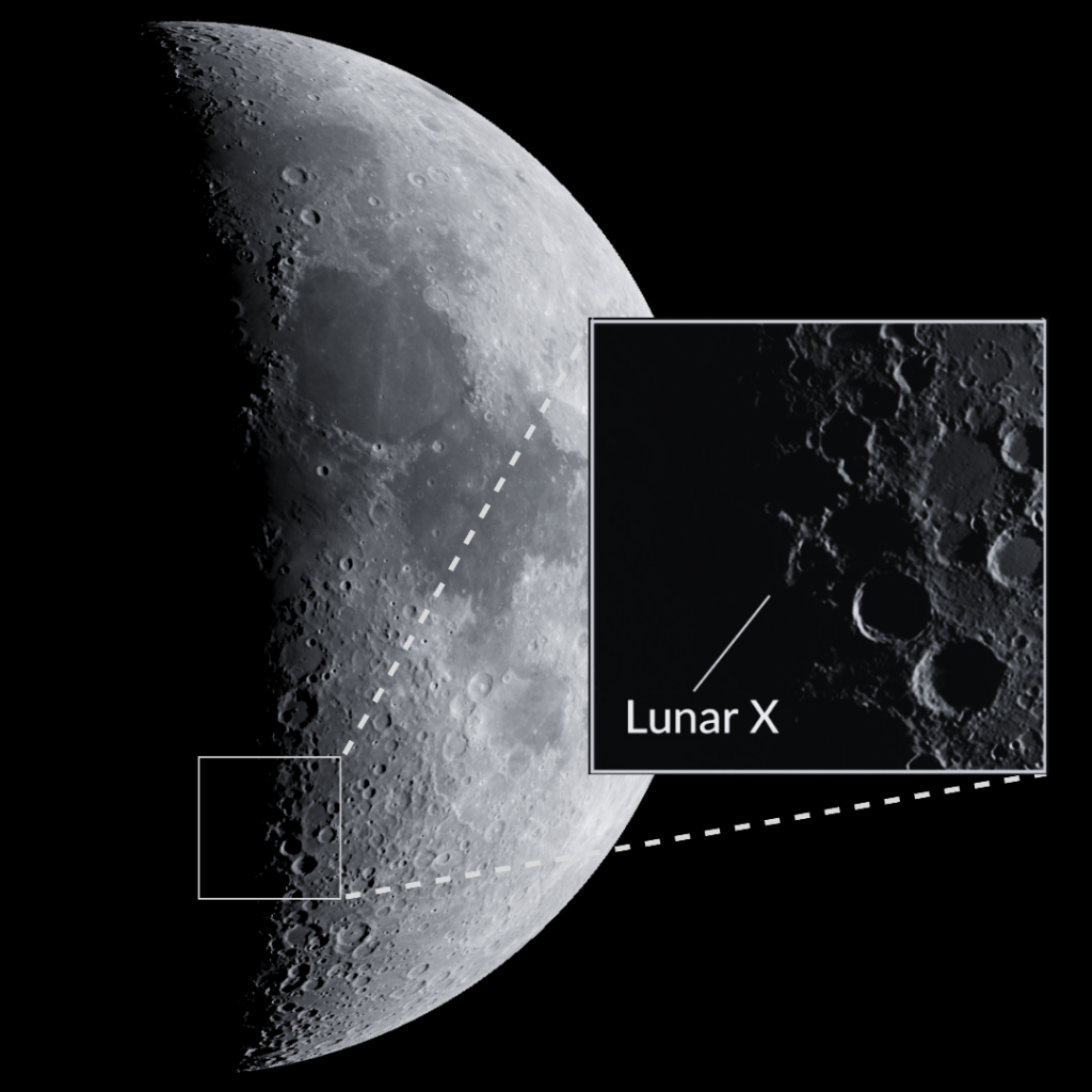 Lunar X on the Moon's surface from a distance and close-up