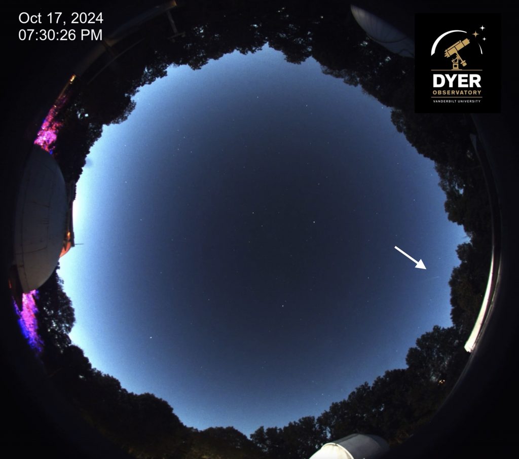 Dyer Observatory's all-sky camera showing Comet Tsuchinshan-ATLAS in the west just after sunset on October 17, 2024.