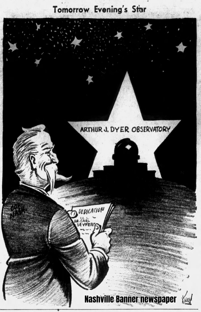 Newspaper editorial cartoon of Arthur Dyer gazing at a silhouette of Dyer Observatory against a large star