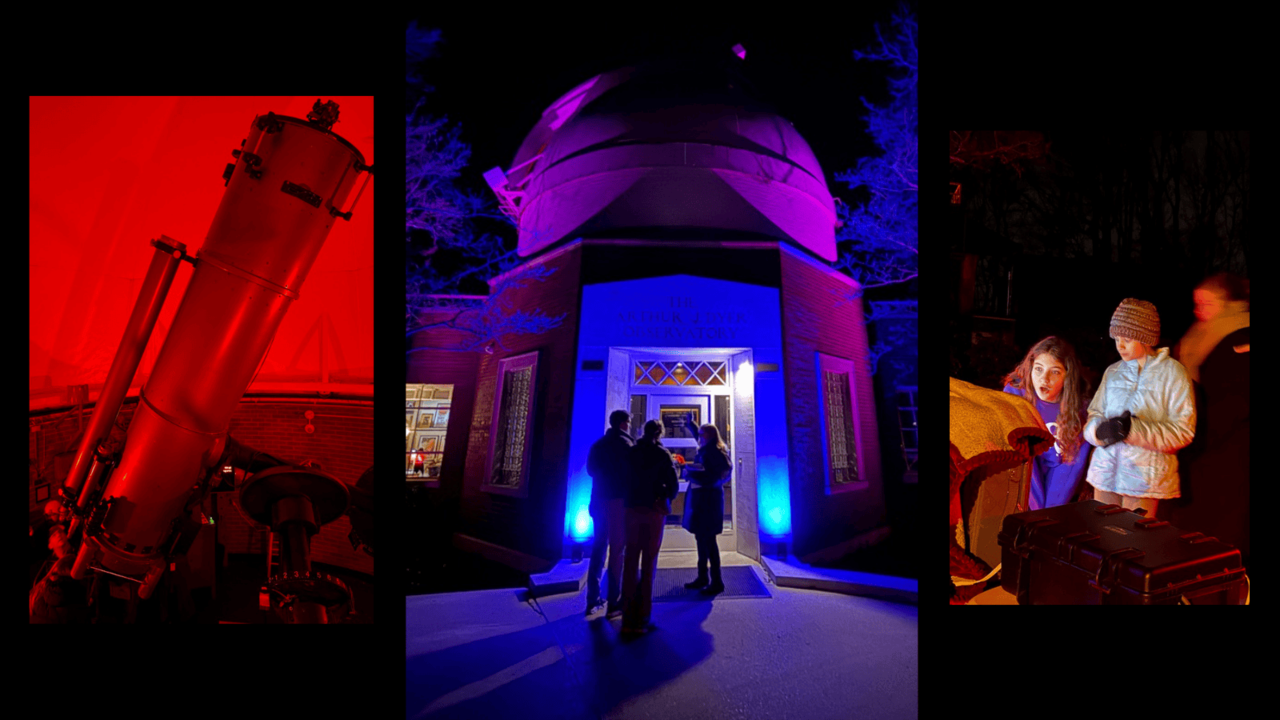 Collage of photos from a nighttime observatory event with telescope, illuminated Arthur J. Dyer Observatory, and children exploring astronomy with a telescope outdoors.