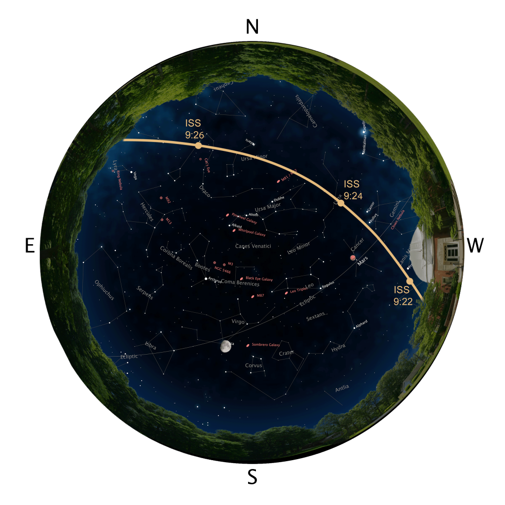 Sky Chart for May 9, 2025 at 10pm CDT with ISS pass.