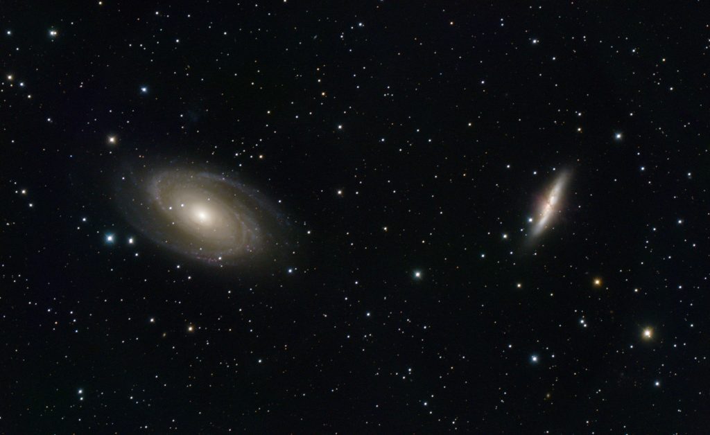 Galaxies M81 (left) and M82 (right) appear in the same field of view of many backyard telescopes. The featured image is a composite of images totaling nearly six hours of exposure taken with a 16" telescope at Dyer Observatory. Credit: Billy Teets