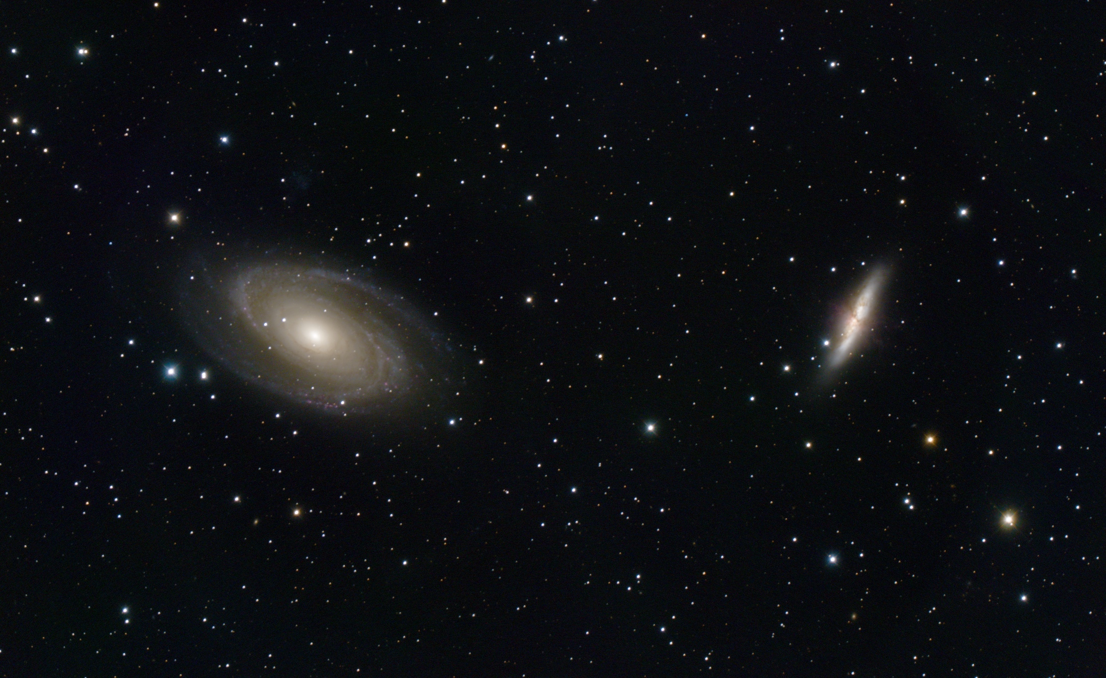 Galaxies M81 (left) and M82 (right) appear in the same field of view of many backyard telescopes. The featured image is a composite of images totally close to six hours of exposure. Credit: Billy Teets