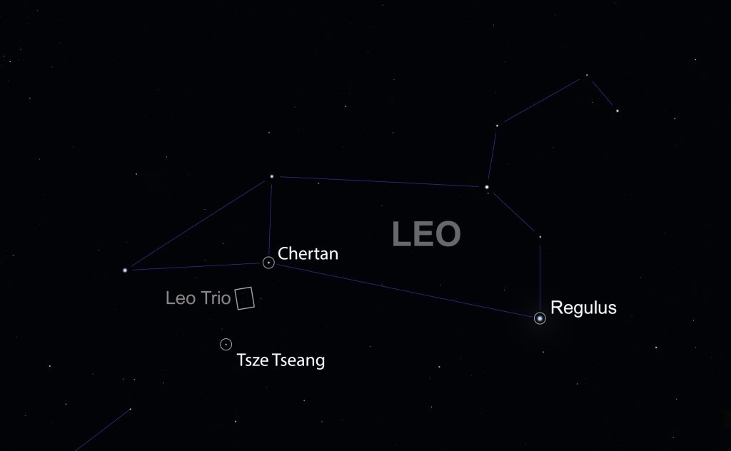 Sky map of the constellation Leo showing several bright stars and the location of the Leo Trio
