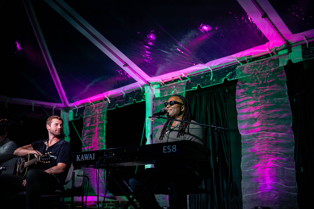 Musicians perform under a glowing canopy during Bluebird on the Mountain concert at Vanderbilt Dyer Observatory.