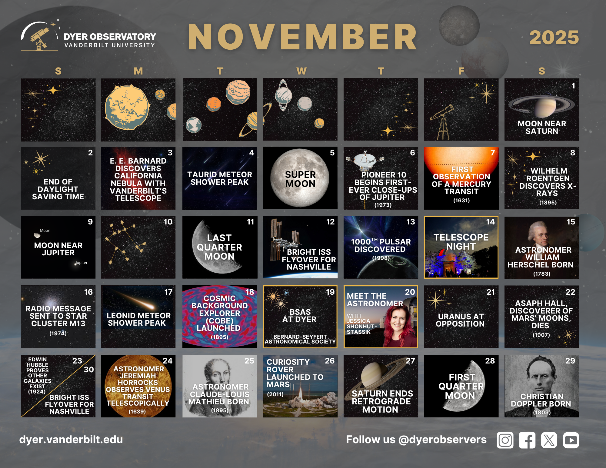 October 2025 calendar for download with moon phases, historical astrological events, and Dyer community events highlighted