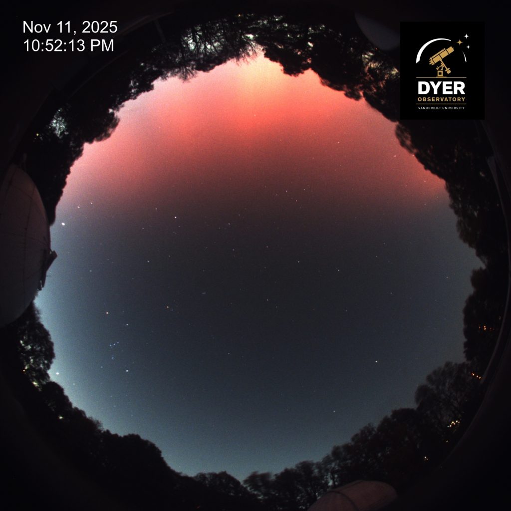 All-sky view showing aurora to the north of Dyer Observatory on November 11, 2025.