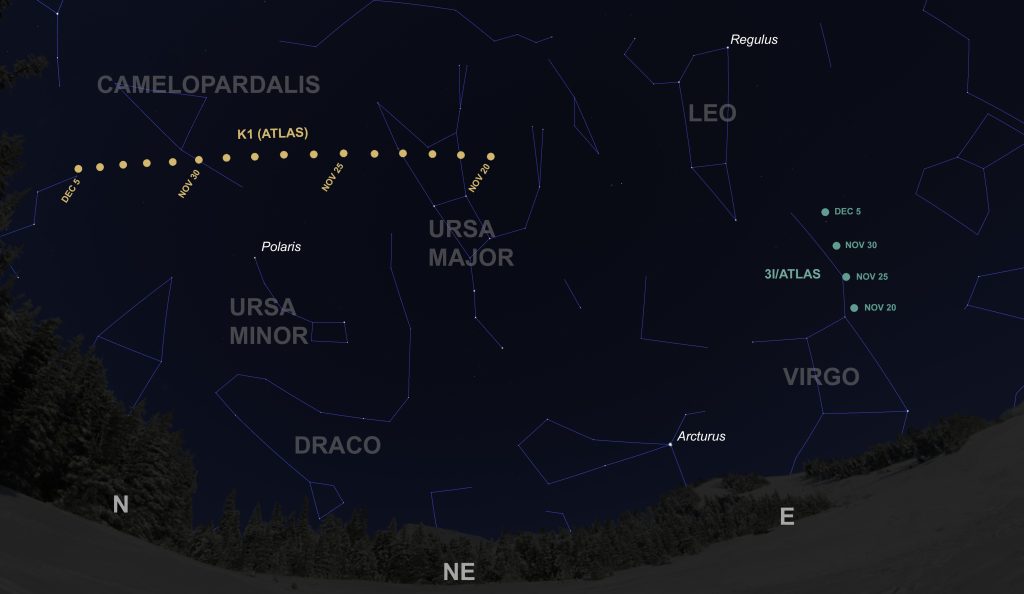 Sky map showing the northeastern sky in late November to early December and where comets 3I/ATLAS and K1 (ATLAS) can be found
