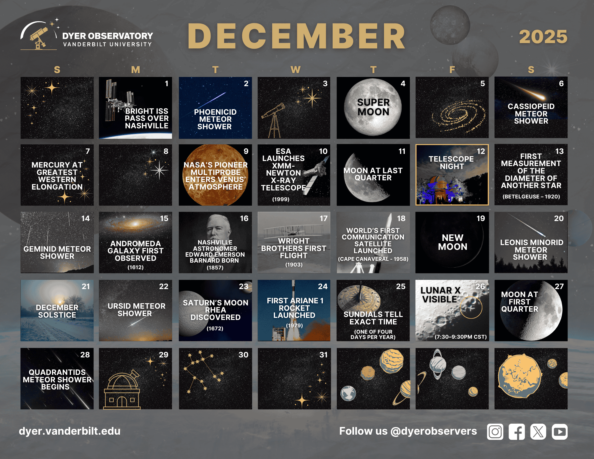 December 2025 calendar for download with moon phases, historical astrological events, and Dyer community events highlighted
