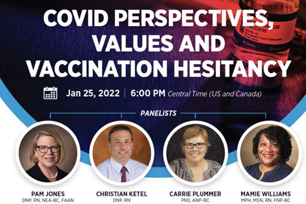 4 headshots of 1 man and 3 women with text that reads COVID Perspectives, values & vaccination hesitancy, Jan. 25, 2022, 6 p.m. Central Time