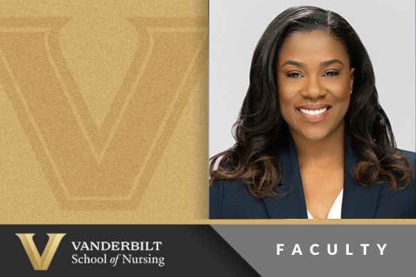 Julia Steed, smiling. Image is surrounded by gold V . Also has VUSN logo and the word faculty