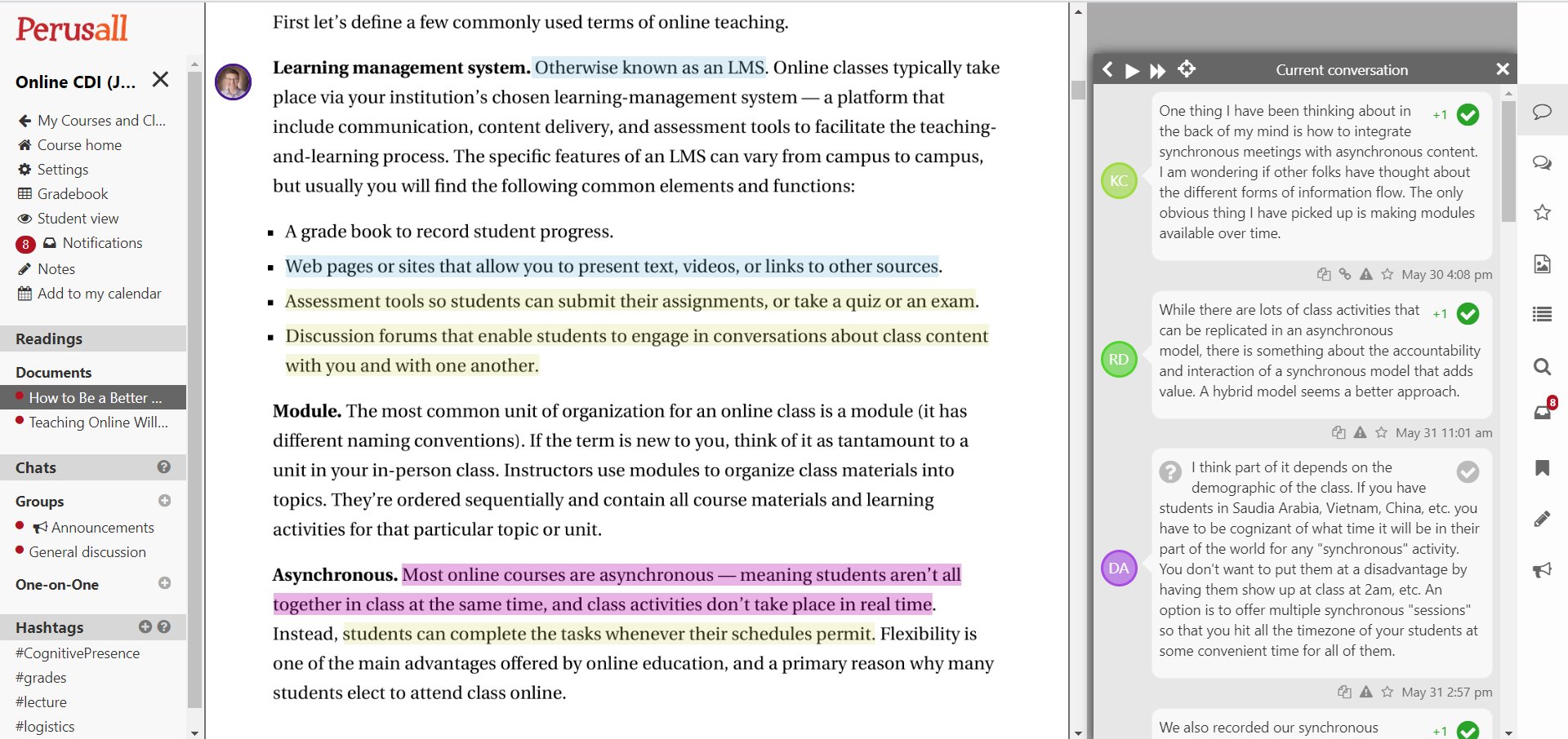 image of perusall assignment. Student view. there is a pdf in the center with various lines highligted. on the right side are comments with student intials.
