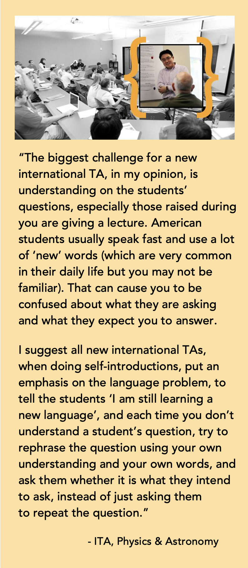 quote about language challenges by and International TA in Physics and Astronomy