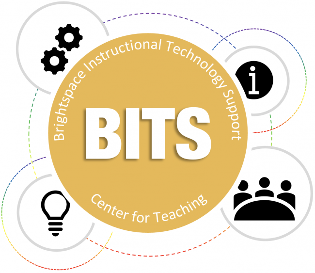 BITS Logo - Gold circle with the bold letters BITS in the center with the words Brightspace Instructional Technology Support in an arch over the top of the circle and the words Center for Teaching in an arch on the bottom of the circle.