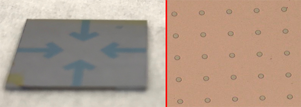 Aluminum dioxide (Al2O3) disks and markers electron beam evaporated on silicon chip to form an etch mask for the silicon, camera image (left) and optical micrograph of disks (right).