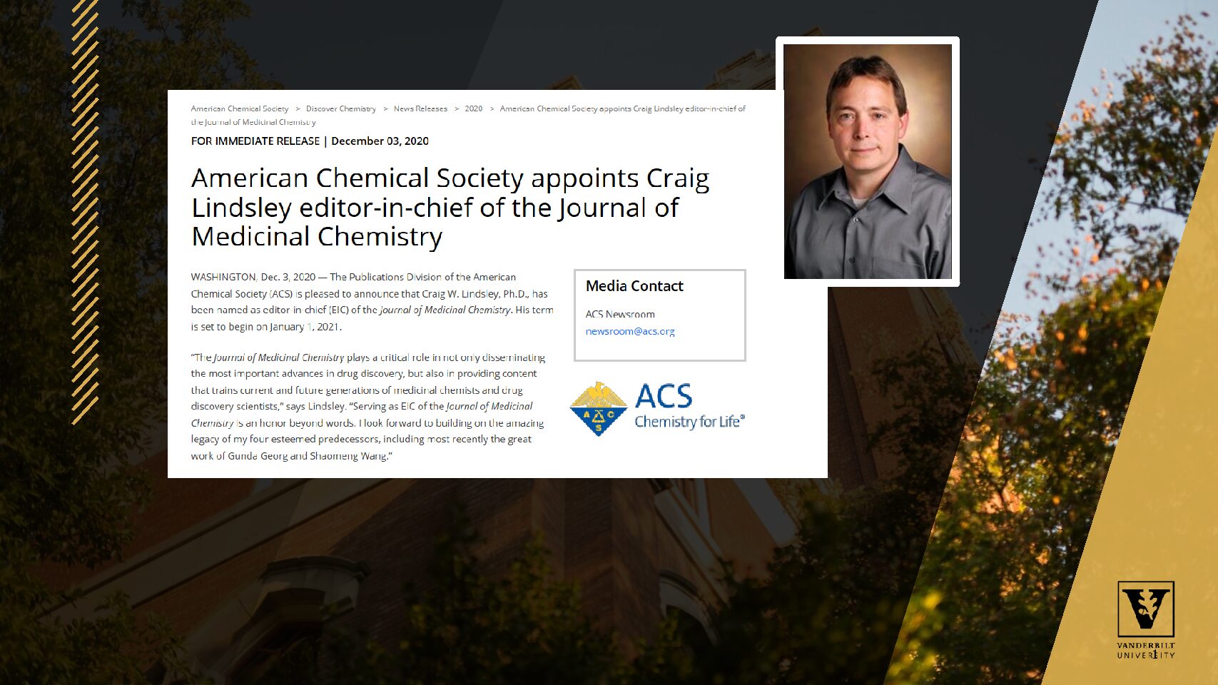 Lindsley Named Editor-in-Chief Journal of Medicinal Chemistry