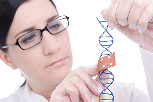 A scientist holds an enlarged DNA segment in front of them. They are applying a band-aid to the DNA.