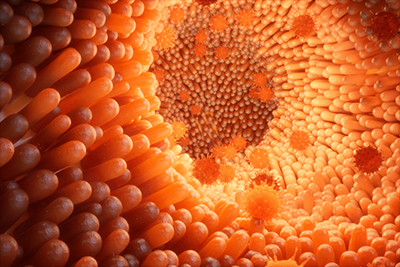 This appears to be a 3D rendering of the lumen of the intestine, with microvilli lining the intestine and small spheres floating around. Everything is colored in shades of orange.