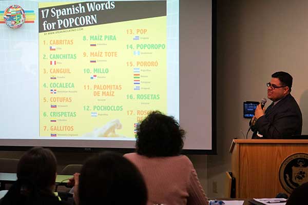 Diversity Month speaker Eleazar Jimenez explains there are 17 Spanish words for popcorn