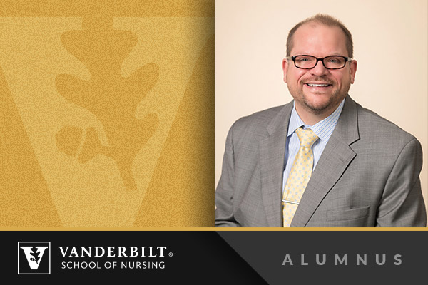 Gold Vanderbilt logo next to a photo of a smiling Vanderbilt Nursing male alumnus