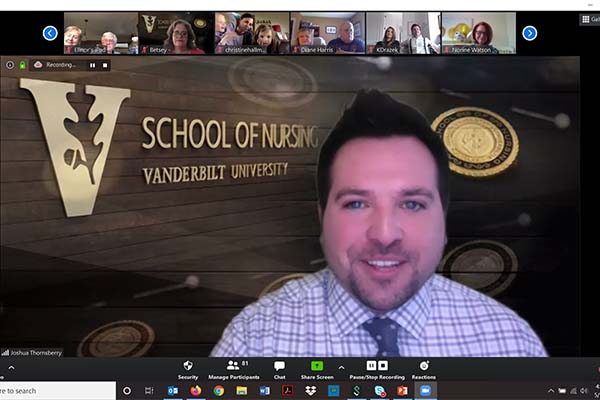 VUSN alumni board president Joshua Thornberry on a Zoom conference call for May 2020 Pinning