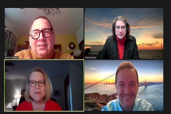 Zoom video grid with four people appearing. Clockwise from top left: Randy Tarkington, Andrea George, GL Black and Pam Jones