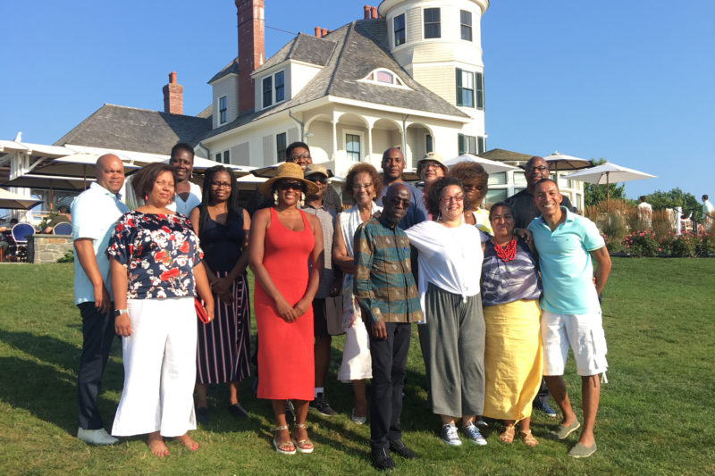 Group of conference attendees outside hotel in Rhode Island