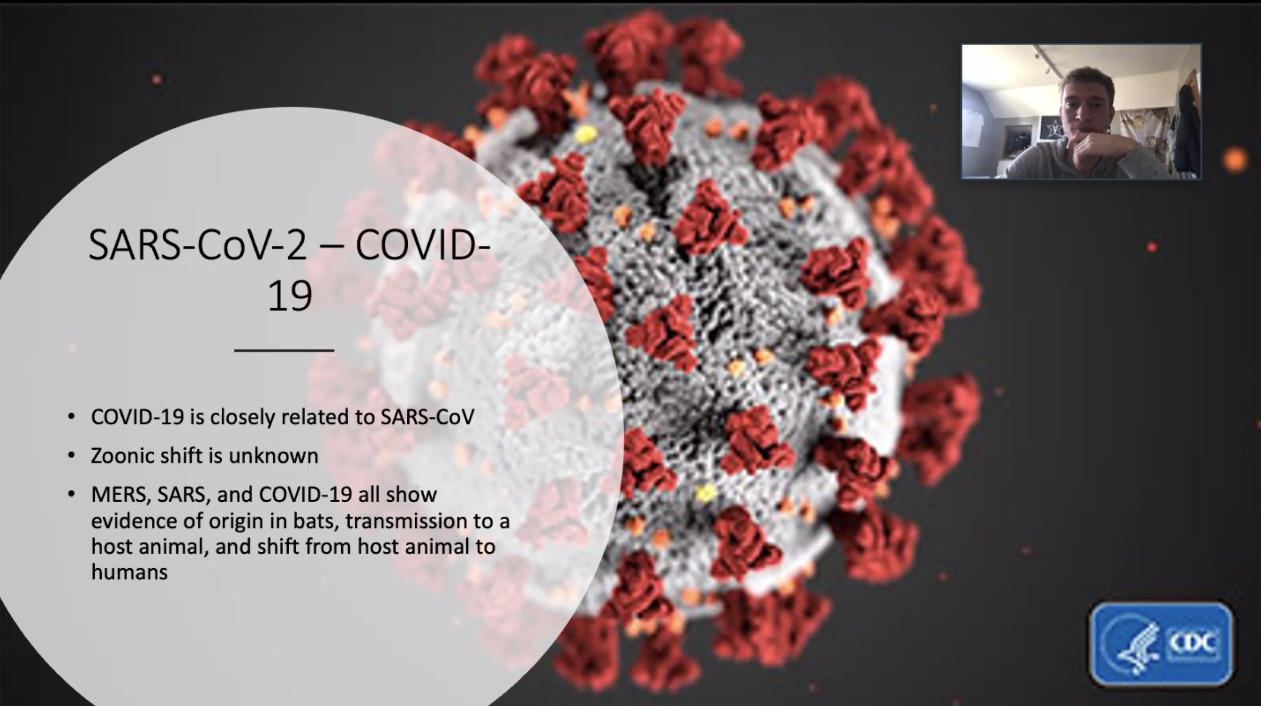 screen shot of a student presentation on Zoom, showing a graphic of the novel coronavirus, presentation title, and student's face